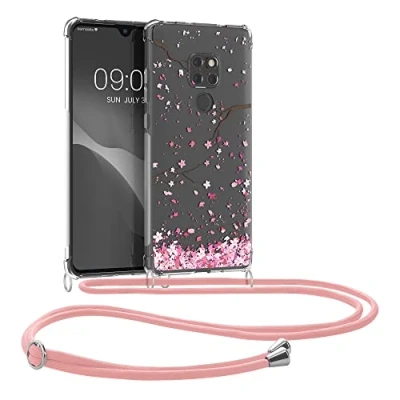 Abbildung von kwmobile Necklace Case kompatibel mit Huawei Mate 20 Hülle Silikon Cover Handykette Rosa Dunkelbraun Transparent Kirschblütenblätter