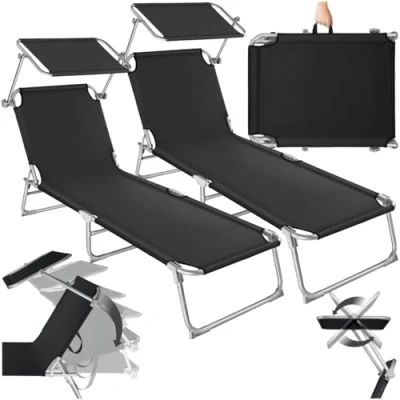 Abbildung von tectake 2er Set Liegestuhl Garten mit Sonnenschutz, Gartenliege klappbar, Balkon oder Terrassen Liege Verstellbarer Rückenlehne, Strandliege Sonnendach, bis zu 110 kg belastbar schwarz