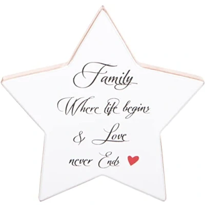 Abbildung von Sternförmiges Geschenkschild „Family“, 16 x cm, Heimdekoration aus weißem Holz, sentimentale englische Verse