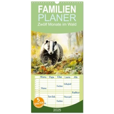 Abbildung von Familienplaner 2025 Zwölf Monate im Wald mit 5 Spalten (Wandkalender, 21 cm x 45 cm), CALVENDO