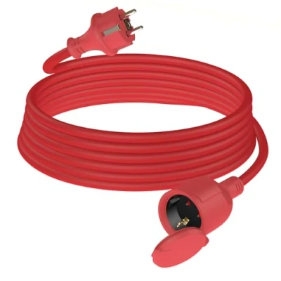 Abbildung von HUARUI Verlängerungskabel Outdoor 5m, Gummi Stromkabel Verlängerung mit Schuko Stecker für den Außenbereich IP44, Kabelverlängerung H05RR F 3G1,5mm² Schutzkappe, Elektrokabel außen, 3500W, rot