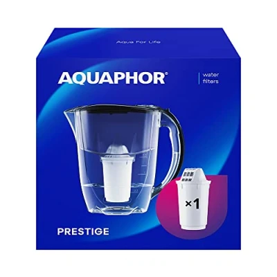 Abbildung von AQUAPHOR Wasserfilter Kanne Prestige Schwarz inkl. 1 A5 Filter I Karaffe für 2,8l Passt in die Kühlschranktür Reduziert Kalk &amp; Chlor Tischwasserfilter Praktische Filterkanne