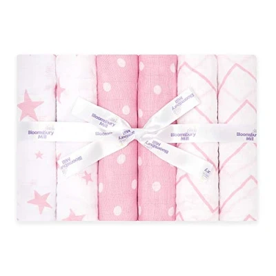 Abbildung von Bloomsbury Mill Mulltücher Baby 6er Pack 70x70cm Spucktücher aus 100% Reine Bio Baumwolle Musselin Saugfähig, Atmungsaktiv Decke für Neugeborenen Musselintücher Rosa &amp; Weiß