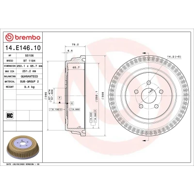Abbildung von BREMBO 14.E146.10 Bremstrommel 250,1