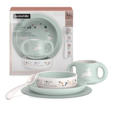 Abbildung von Suavinex, Kindergeschirr Set, Baby Essensset Mit Platzset Rutschfest + Teller Schale Tasse Löffel. Spülmaschinenfest, Mikrowellengeeignet. Für Babys ab 6 Monaten. weiß Grün