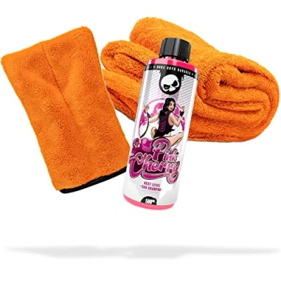 Abbildung von detailmate Auto Wasch und Trockenset: Nuke Guys Pink Cherry Shampoo Autoshampoo 500ml + Mikrofaser Präzisionshandschuh Gamma Dryer Trockentuch XXL für die optimale Handwäsche
