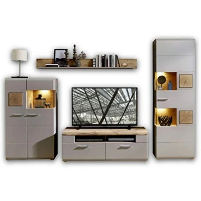 Abbildung von Stella Trading FUN PLUS 2 Wohnwand Komplett Set mit schönen Hirnholz Applikationen &amp; Basalt Dekor Schrankwand für Ihr Wohnzimmer 325 x 205 47 cm (B/H/T)