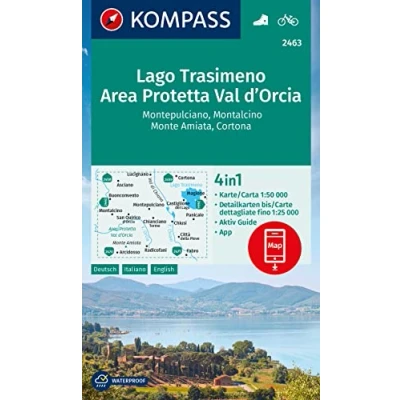 Abbildung von KOMPASS Wanderkarte 2463 Lago Trasimeno, Area Protetta Val d&#039; Orcia, Montepulciano, Montalcino, Monte Amiata, Cortona 1:50.000: 4in1 Wanderkarte, mit ... Verwendung in der App. Fahrradfahren.