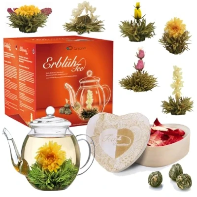 Abbildung von Creano Geschenkset Erblühtee Teeblumen Mix in Holzschachtel Herzform 6 Sorten Weißer Tee inkl. Glas Teekanne 500ml, Geschenk für Frauen, Mutter, Teeliebhaber