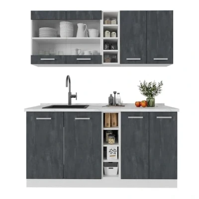 Abbildung von Vicco Singleküche R Line, Schwarz Beton/Weiß, 160 cm AP Marmor