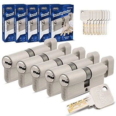 Abbildung von GERCAR Pro Gleichschließend 5 Knaufzylinder 40/40 Set 5x Schließzylinder mit Knauf inkl. 25 Schlüssel 80 mm Türschloss Zylinderschloss 5er Zylinder Länge: 80mm, A:40 B:40 Messing matt massiv