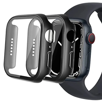 Abbildung von IBEX 2 Stück Schutzhülle für Apple Watch Series 7, 45 mm, Displayschutzfolie, Bumper Case, Hartschale, stoßfest, PC, ultradünn, Hartglas, Schwarz