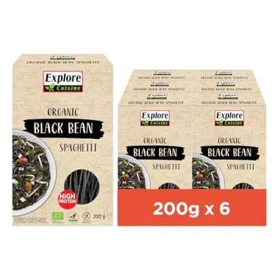 Abbildung von Explore Cuisine Bio Spaghetti aus schwarzen Sojabohnen Glutenfreie schwarze Nudeln, pflanzliche Protein Pasta ohne Zusatzstoffe, ideal bei Zöliakie, wenig Kohlenhydrate, vegan, 6x 200g