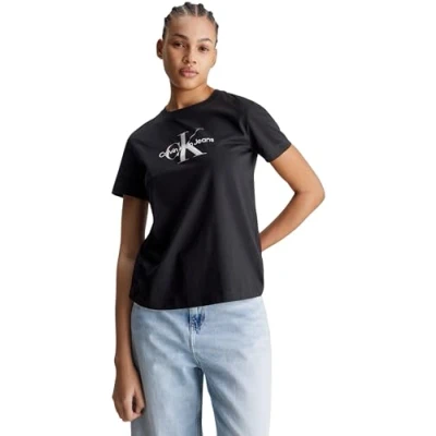 Abbildung von Calvin Klein Jeans Damen T Shirts Kurzarm Diffused Regular Rundhalsausschnitt, Schwarz (Ck Black), XS
