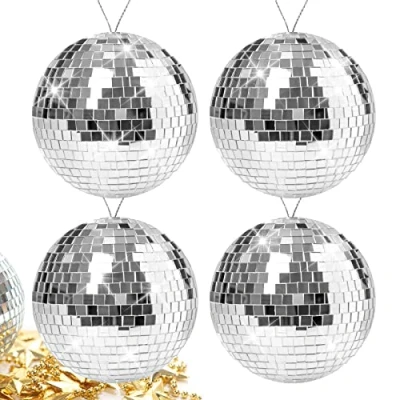 Abbildung von 10cm Spiegelkugel Discokugel, 4 Stück Silber Disco Kugel Ball Mirrorball Hängekuge für Party Geburtstag Hochzeit Dekoration Lichteffekt