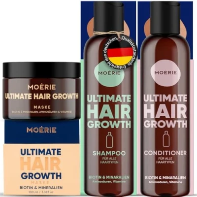 Abbildung von MOERIE Shampoo Set 3 teilig Haarwachstum Shampoo, Conditioner &amp; Haarmaske gegen Haarausfall natürlich beschleunigen Veganes Haarwuchsmittel Frauen Männer Mineralien Coffein