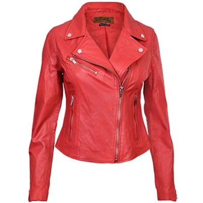 Abbildung von Infinity Leather Damen Rot Lederjacke Klassische Bikerjacke Aus Echtem Leder 2XL