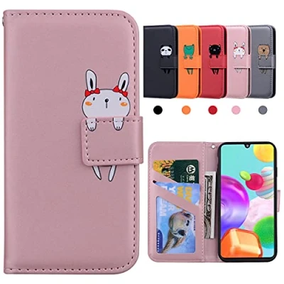 Abbildung von Galaxy A41 Hülle, Samsung Klappbar Stoßfeste Schutzhülle, Hülle Samsung, Handyhülle A41, Karikatur Flipcase für Hase, Rosa