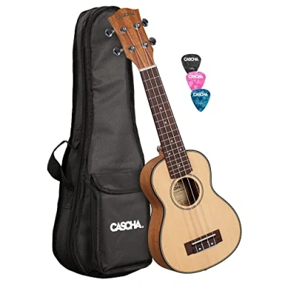 Abbildung von Cascha Spruce Solid Top Sopran Linkshänder Ukulele Erwachsene &amp; Kinder inkl. 3 Plektren gepolsterte Tasche Fichtenholz für Anfänger Fortgeschrittene Aquila Nylon Saiten