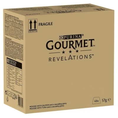 Abbildung von GOURMET PURINA Revelations Mousse, Katzenfutter nass in Sauce, Lachs &amp; Thunfisch, 48er Pack (48 x 57g)