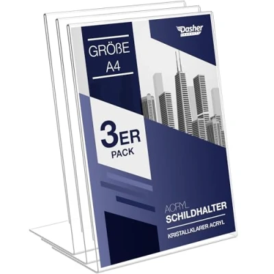 Abbildung von Dasher Products Schilderhalter mit abgeschrägter Rückwand, A4 Premium Portrait Werbetafel, Tisch Aufsteller, Rahmen im Staffelei Stil, Plastik Broschürenhalter für Haus, Büro, Geschäft, Laden