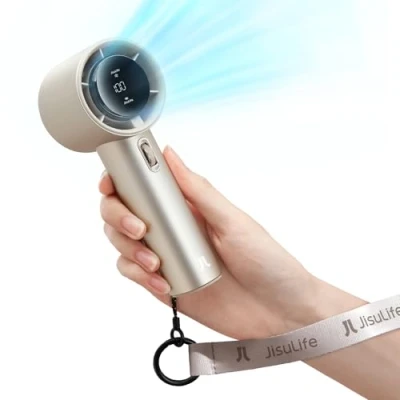 Abbildung von JISULIFE Tragbarer Handventilator,Turbo Mini Ventilator Einstellbare Geschwindigkeit(1 100),Wiederaufladbarer 5000mAh Akku,Metallgehäuse,Digitales Display,Für Reisen/Camping/Outdoor Braun