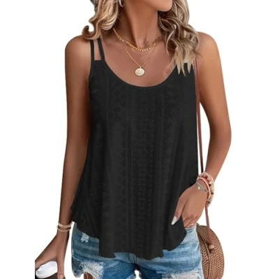 Abbildung von WNEEDU Damen Tank Tops Sommer Spaghetti Cami Oberteile Ärmellose Rundhalsausschnitt Blusen Top Shirts Schwarz S
