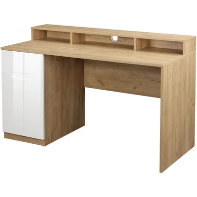 Abbildung von andas Schreibtisch &quot;Lund&quot;, (Computertisch mit Kabeldurchlass &amp; Schublade), Monitoraufsatz, Hochglanzfronten, Breite 140 cm