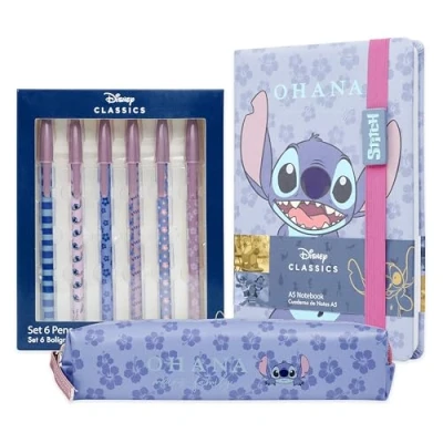 Abbildung von Disney Stitch Schreibwaren Set, Notizbuch Federmäppchen &amp; Kugelschreiber Set oder Malblock, Buntstifte Schule Zubehör (Mehrfarbig 3er Set)