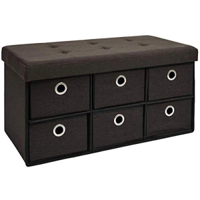 Abbildung von DuneDesign Faltbare Sitzbank 76x38x38cm inkl. 6 Schubladen Sitztruhe 80L Polsterbank Ottomane Leinen Dunkelbraun