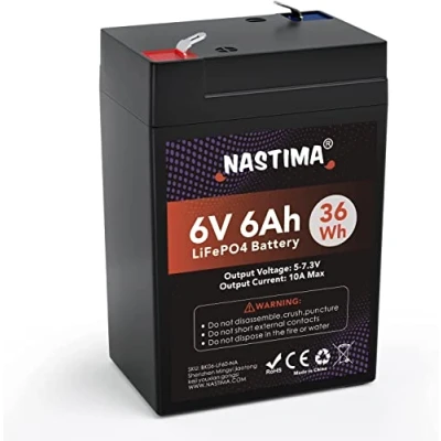Abbildung von NASTIMA 6V 6Ah LiFePO4 Wiederaufladbare Batterie Mit BMS Schutz und 2000 Deep Cycle Wartungsfrei, Geeignet für Notstrombeleuchtung, Kinderspielzeugautos, Motorboote, Camping, Sonnenkollektoren