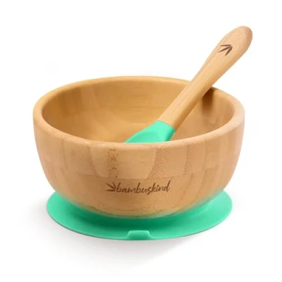 Abbildung von bambuskind Kinderschüssel mit Saugnapf grün Inkl. Rezepte Ebook I rutschfester Babyteller aus Bambus Löffel Kindergeschirr Set zum Essen lernen ohne schädliche Kunststoffe …