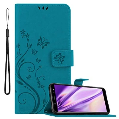 Abbildung von Cadorabo Hülle kompatibel mit Samsung Galaxy A6 2018 Blumen Design aus Kunst Leder Flip Klappbare Stoßfeste Magnetische [Standfunktion] [Kartenfächern] Cover für Tasche in Blau