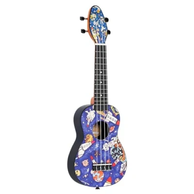 Abbildung von Ortega Guitars Sopran Ukulele bunt Keiki K2 Starterkit inklusive Tuner, Gurt, 5 Medium Plektren &amp; Kordelzugtasche Kauriholz spaceman (K2 SP)