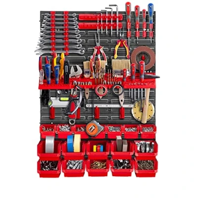 Abbildung von KADAX Werkstattwandregal, 58x78cm Lagersystem aus robustem Kunststoff, UV Resistentes Werkstattregal, Erweiterbare Wandplatten, Schüttenregal für Garage (Rot, 38 TLG.)