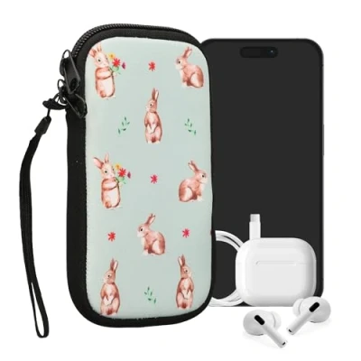 Abbildung von kwmobile Handytasche für Smartphones M 5,5&quot; Neopren Handy Tasche Hülle Cover Case Schutzhülle Hasen und Blumen Weiß Braun Graugrün 15,2 x 8,3 cm Innenmaße