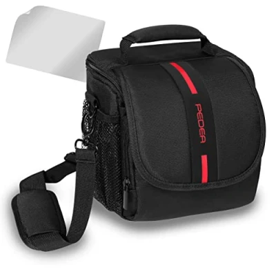 Abbildung von PEDEA DSLR Kameratasche &quot;Essex&quot; mit Displayschutzfolie für Olympus E M5 Mark II Pen PL8 PL9 / Canon EOS M50 Nikon D5600 D7500 Panasonic G9 G70 G81 GX8 Fujifilm X T3 T100, M schwarz/rot