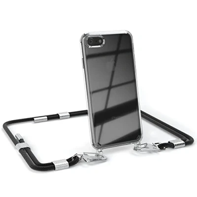 Abbildung von EAZY CASE kombinierbare Handyketten kompatibel mit iPhone SE (2022/2020) / 8/7, Transparente Silikon Hülle Umhängeband, Abnehmbarer Karabiner, Umhängetasche, Schwarz Clips Silber