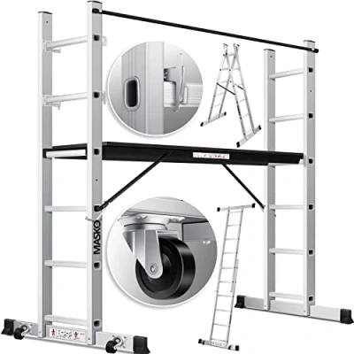 Abbildung von Masko® Baugerüst Alugerüst Gerüst ✓ Alu Leiter Arbeitsgerüst Arbeitsbühne bis 150 KG belastbar Anti Rutsch beschichtet Gerüstleiter GS geprüft (EN 131)