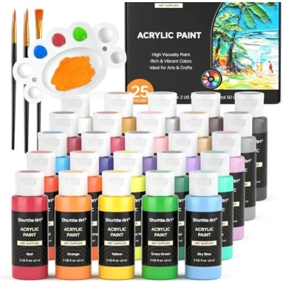 Abbildung von Shuttle Art Acrylfarben Set, 25 bunte Acryl Farben in Flaschen (je 60ml) mit 3 Pinselset, hochpigmentiert, Acrylfarbe wasserfest für Künstler, Anfänger, Erwachsene auf Leinwand, Steine, Holz geeignet
