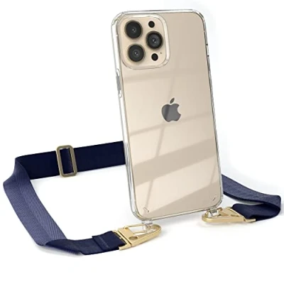 Abbildung von EAZY CASE Hülle mit Band kompatibel iPhone 13 Pro Max Handyhülle Umhängeband für Silikonhülle Transparent Schutzhülle Handykette zum Umhängen Handykordel in Blau Gold