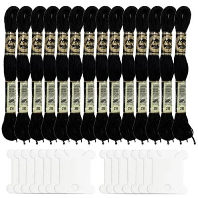 Abbildung von 14 Stücke Schwarze Stickgarne mit Spulen, Stickerei Stickseide Schwarzes Kreuz Stichgarn Baumwolle Handarbei Fäden Nähen Basteln zum Stricken, Projekte