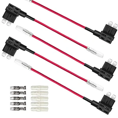 Abbildung von Aiqeer 5 Stück 12V / 24V Medium Add a Circuit Sicherung Taps, Auto Piggyback Sicherungshalter mit Kabelbaum, Gratis 15 Standard Flachsicherungen und Sicherungszieher (Butt Terminal)
