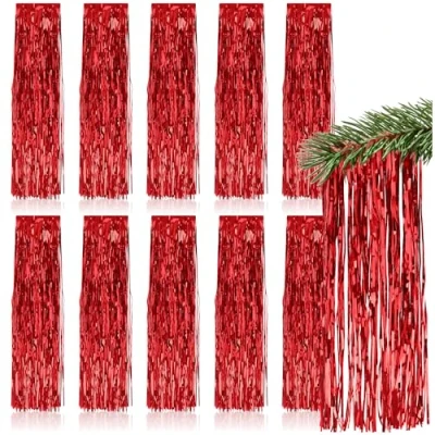 Abbildung von com four® 10x Lametta rote Girlande für Weihnachten Christbaumschmuck den Tannenbaum Vorhang mit glatten Fäden (rot 10 Stück)