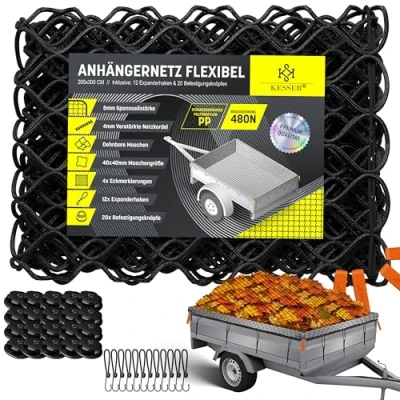 Abbildung von KESSER® Anhängernetz 2x3m Dehnbar feinmaschig Hängernetz mit Spannseil &amp; Netzkordel für Ladungssicherung elastisches Sicherungs Netz Eckmarkierungen Expander Haken Befestigungsknöpfen Schwarz