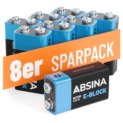Abbildung von ABSINA 8X 9V Blockbatterie Alkaline Batterie langlebig &amp; auslaufsicher für Rauchmelder vieles mehr 9 Volt Blockbatterie, Block, Blockbatterien 9V, Batterien