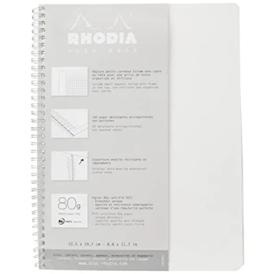 Abbildung von Rhodia 193001C Notizbuch (mit Doppelspirale, kariert, mikroperforiert, 80 g, DIN A4+ 225 x 297 mm, Blatt) 1 Stück weiß/silber