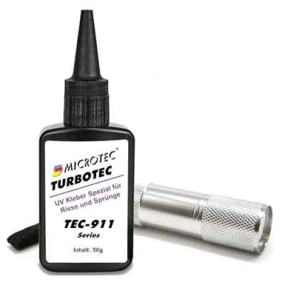 Abbildung von Microtec® Turbotec 911 dünnflüssiger UV Kleber Ausbesserung von Rissen und Sprüngen für Glas/Metall/Kunststoff 50g mit Taschenlampe lichthärtender transparenter Klebstoff