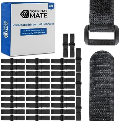 Abbildung von Klett Kabelbinder mit Schnalle, 35 Pack, sechs Größen Set, in Schwarz, Kabelklett aus Nylon, Schnallenklettband, wiederverschließbare Kabelorganisation, Verschluss, Klemme Kabel Band