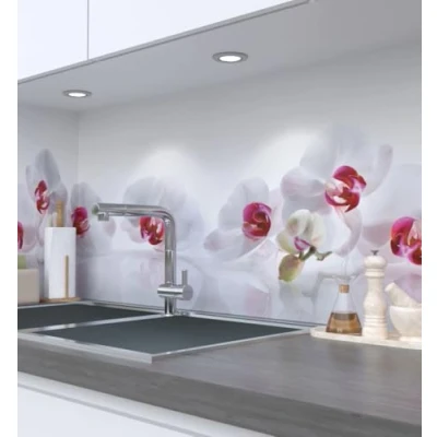 Abbildung von MyMaxxi Küchenrückwand Folie selbstklebend matt einfache Montage ohne Bohren 0,4mm stark Versteift Motiv Orchidee weiß 60cm hoch Spritzschutz Küche Klebefolie Blume rot 180 x